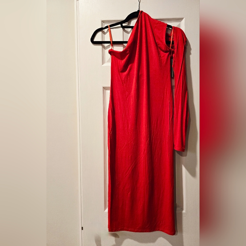 Elegant Red One-Shoulder One Long Sleeve Dress
